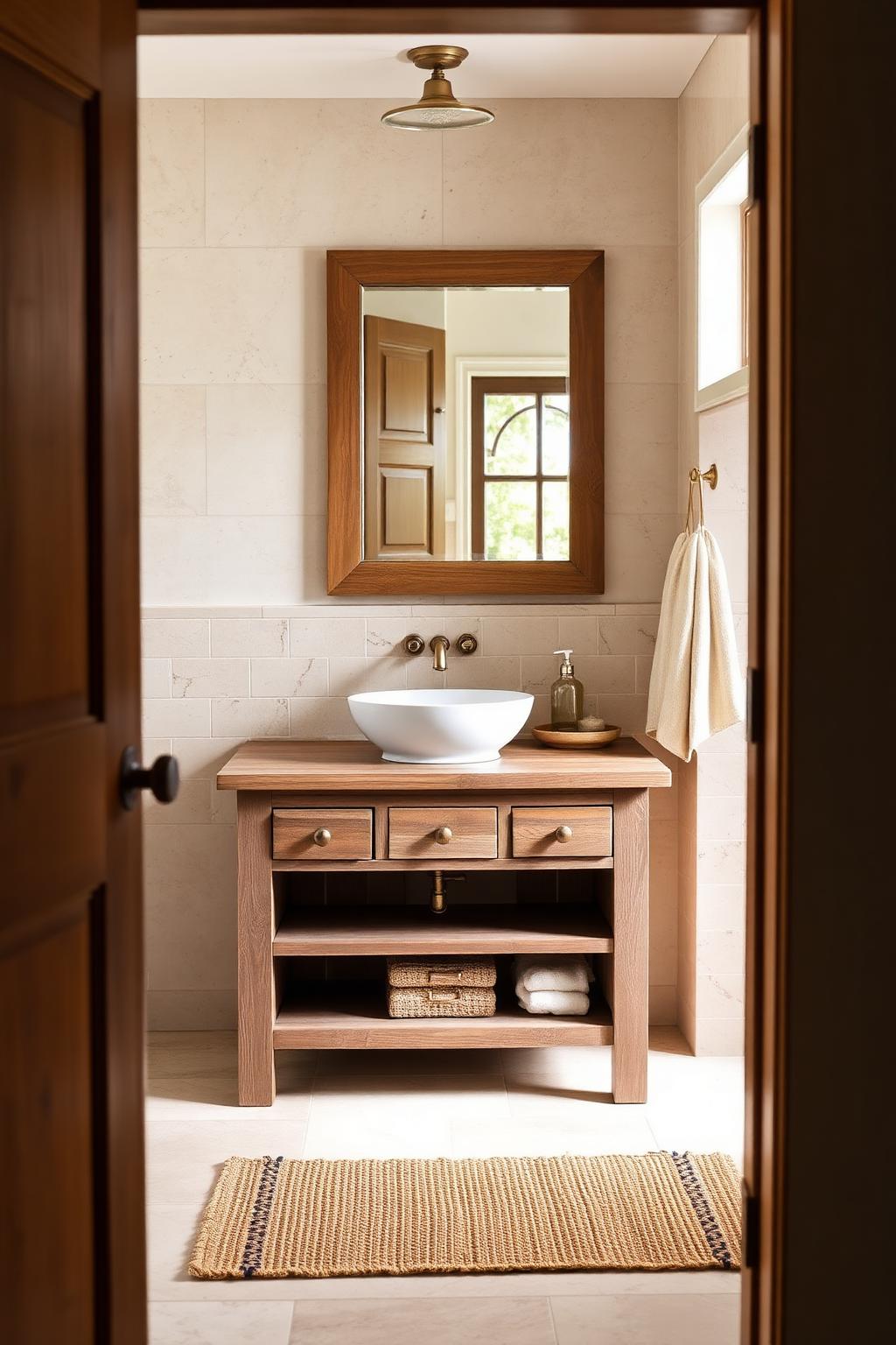 1. Reclaimed Wood Vanity with Travertine Stone Walls