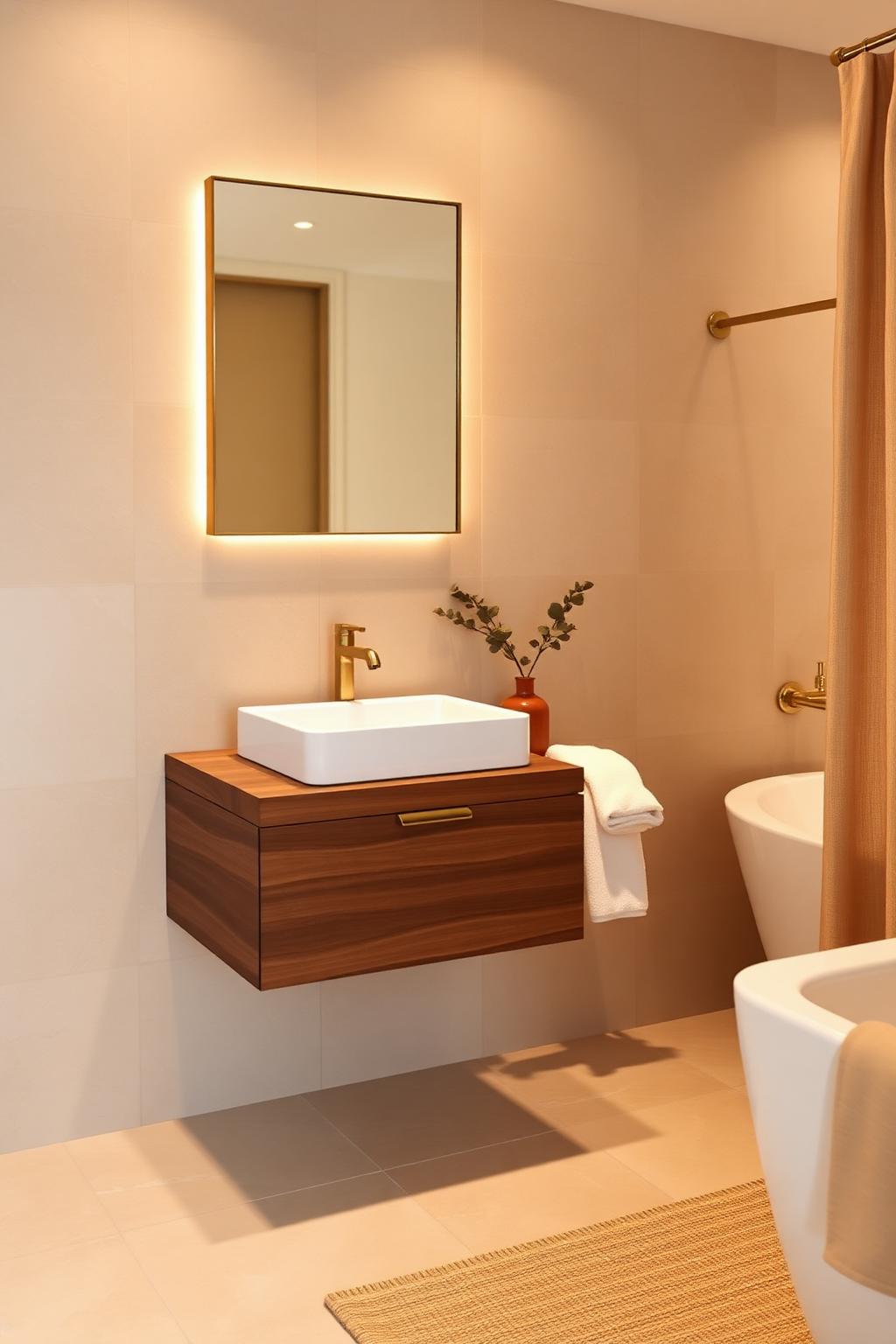 2. Floating Walnut Vanity with Warm Beige Limestone Tiles