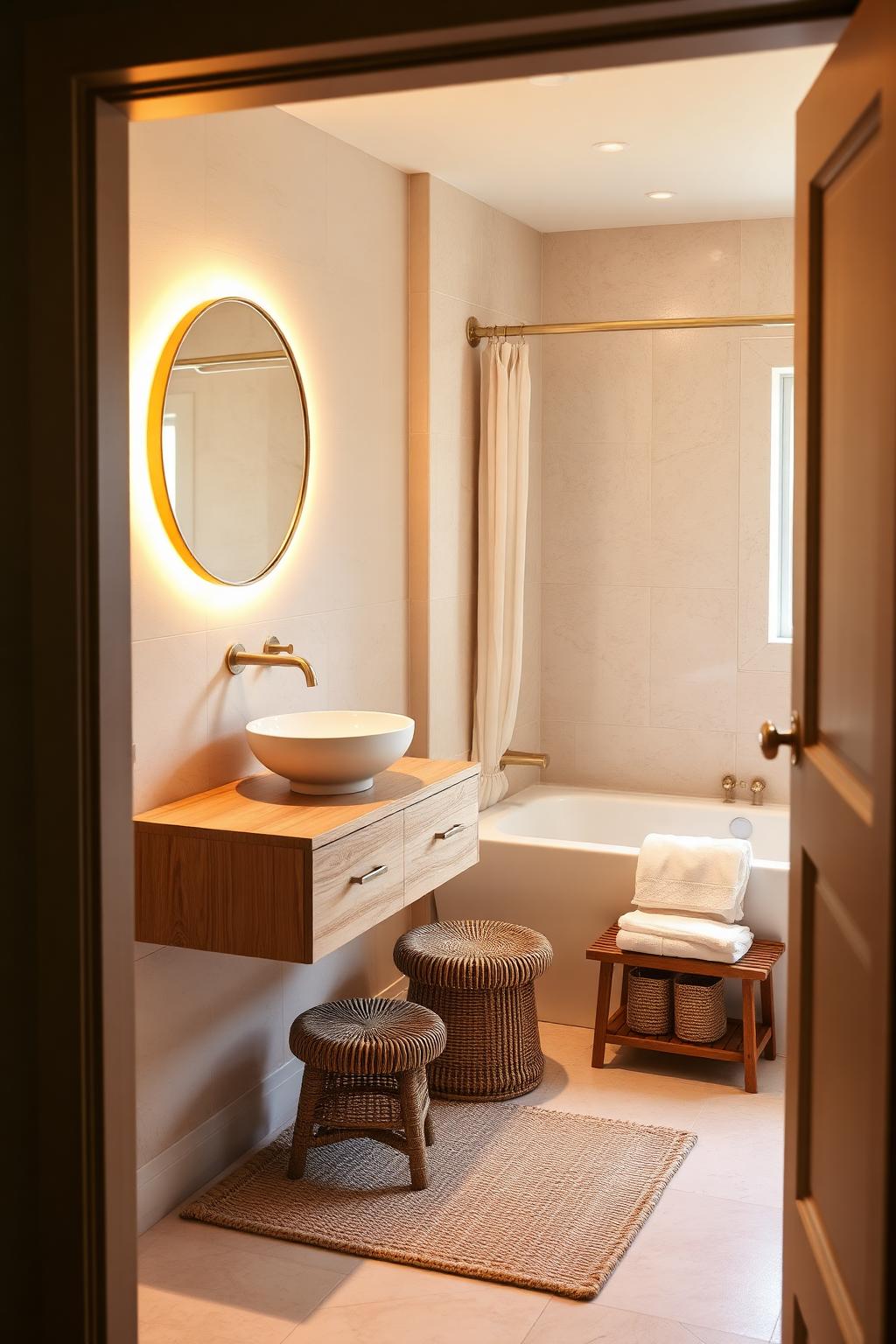 3. Spa-Like Beige Bathroom with Backlit Round Mirror