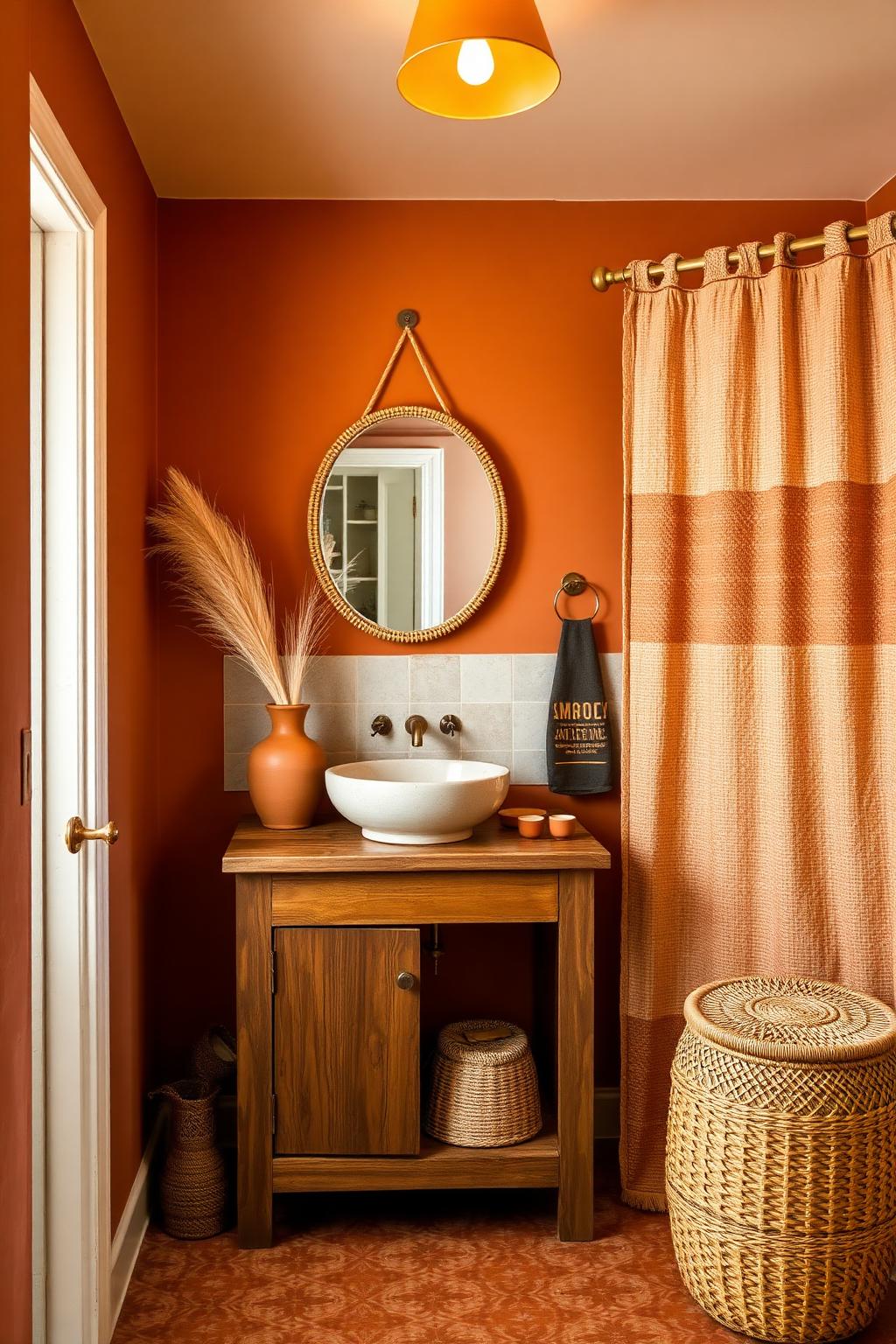4. Boho Terracotta Bathroom with Stone Vessel Sink