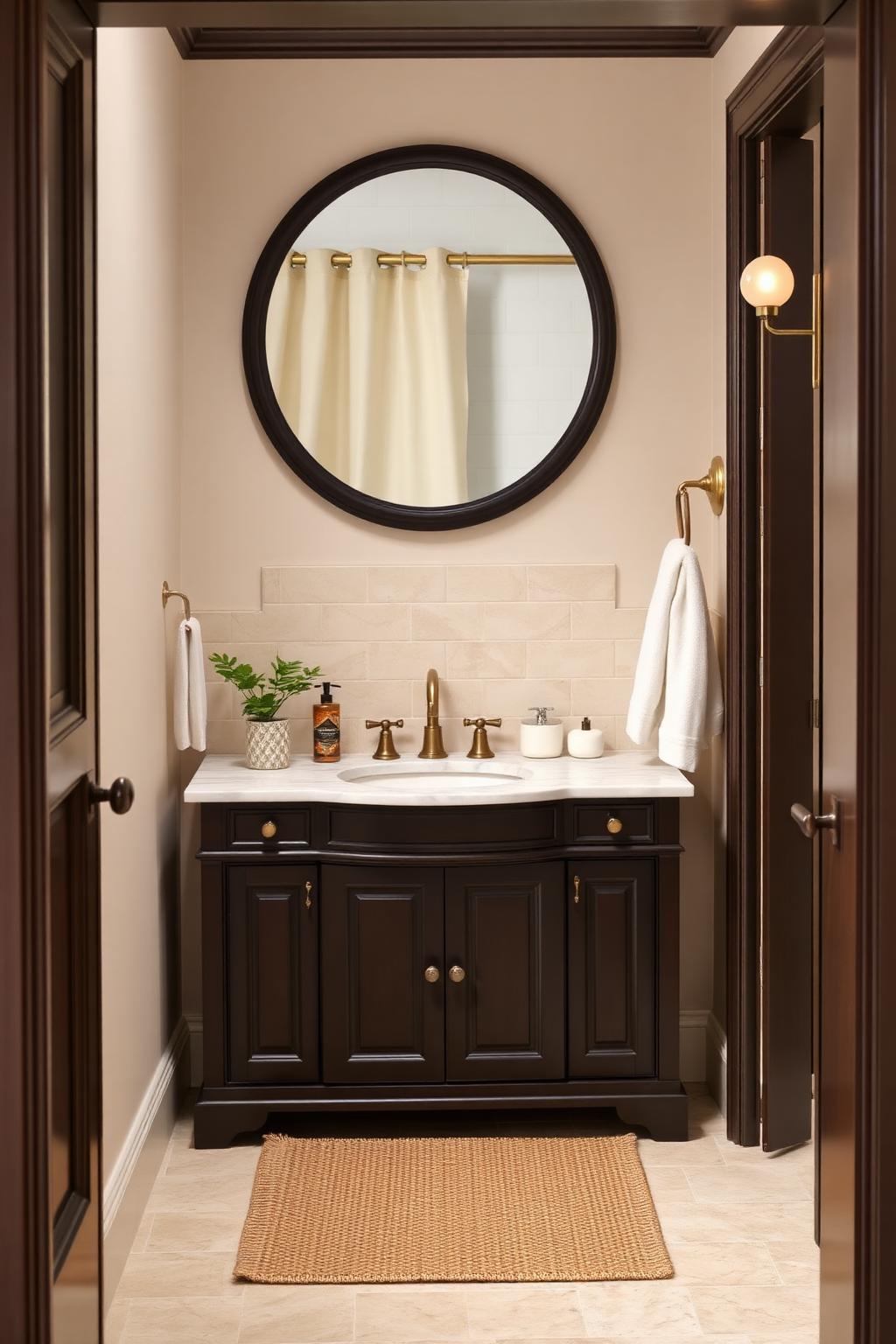 5. Classic Beige Bathroom with Dark Wood Vanity and Brass Accents