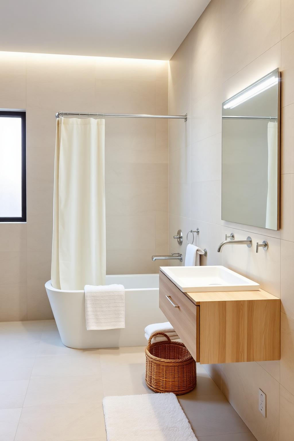6. Minimalist Beige Bathroom with Linen Shower Curtain