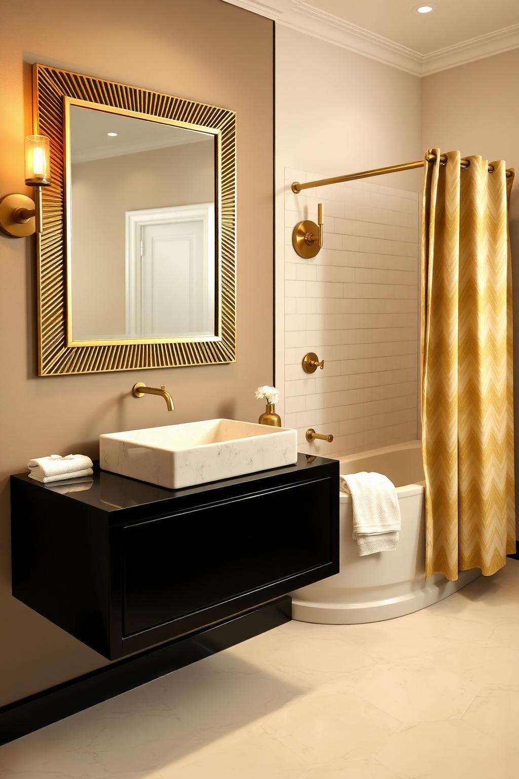 8. Art Deco Beige Bathroom with Gold Geometric Mirror