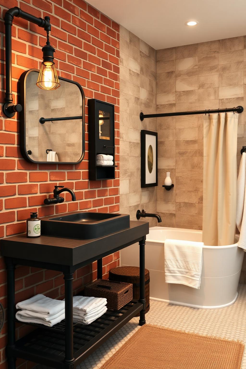 11. Industrial Farmhouse Bathroom with Brick Wall