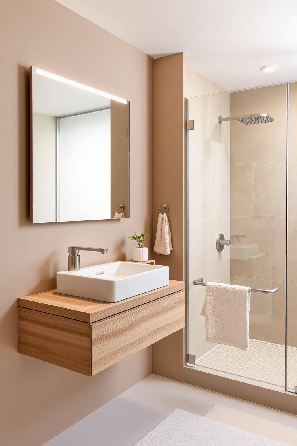 12. Japandi Beige Bathroom with Floating Oak Vanity