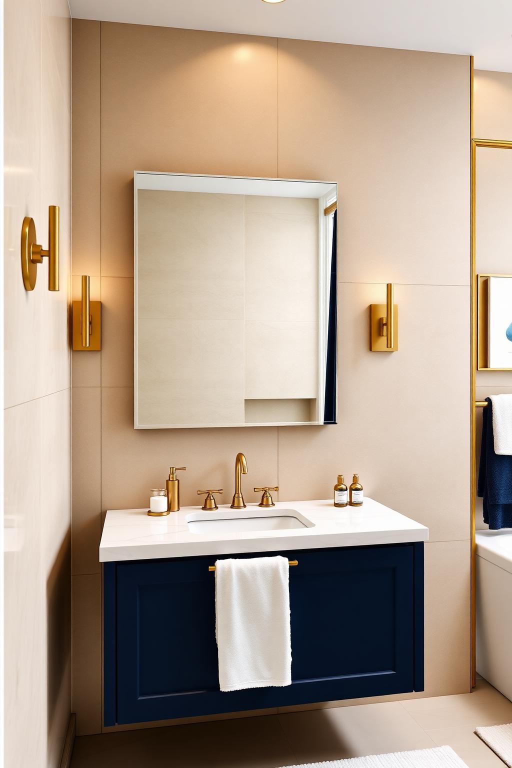 14. Navy and Beige Bathroom with Gold Fixtures