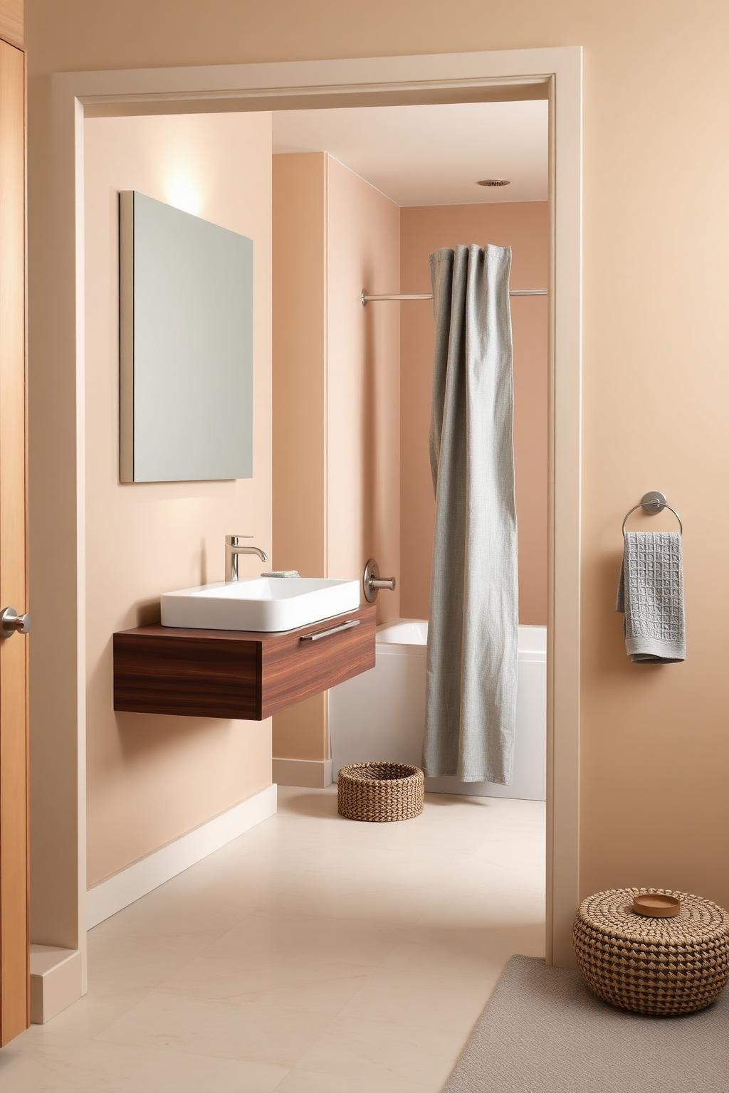 15. Warm Modern Bathroom with Walnut Vanity and Grey Linen Curtain