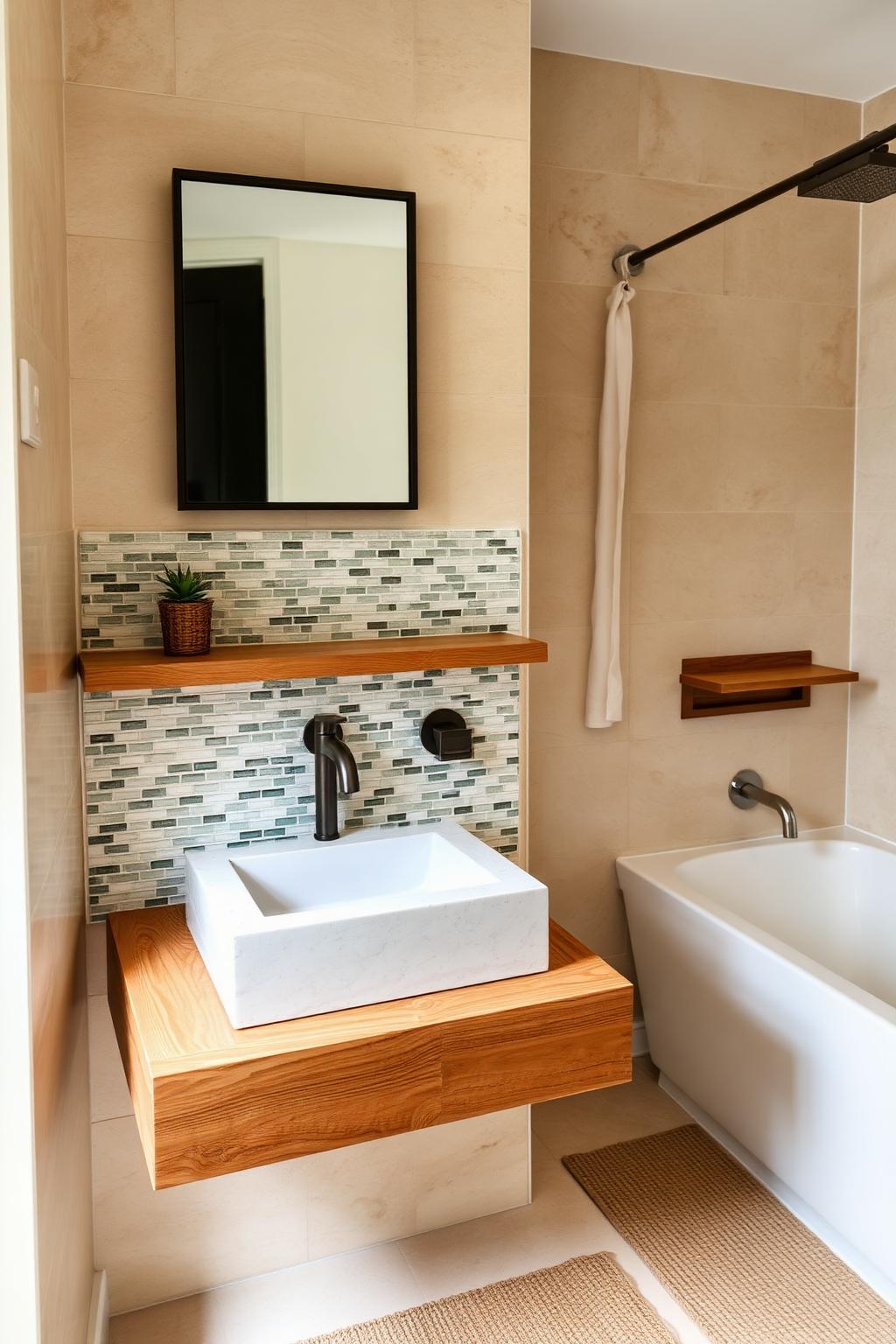 16. Natural Stone Bathroom with Mosaic Tile Backsplash