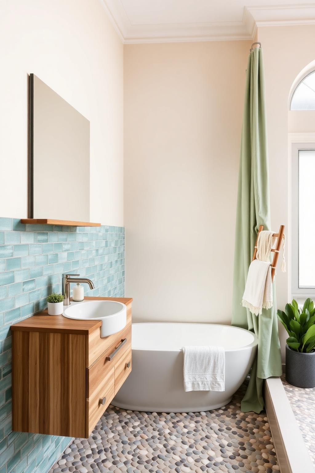 17. Beige Bathroom with Teal Subway Tiles and Bamboo Vanity