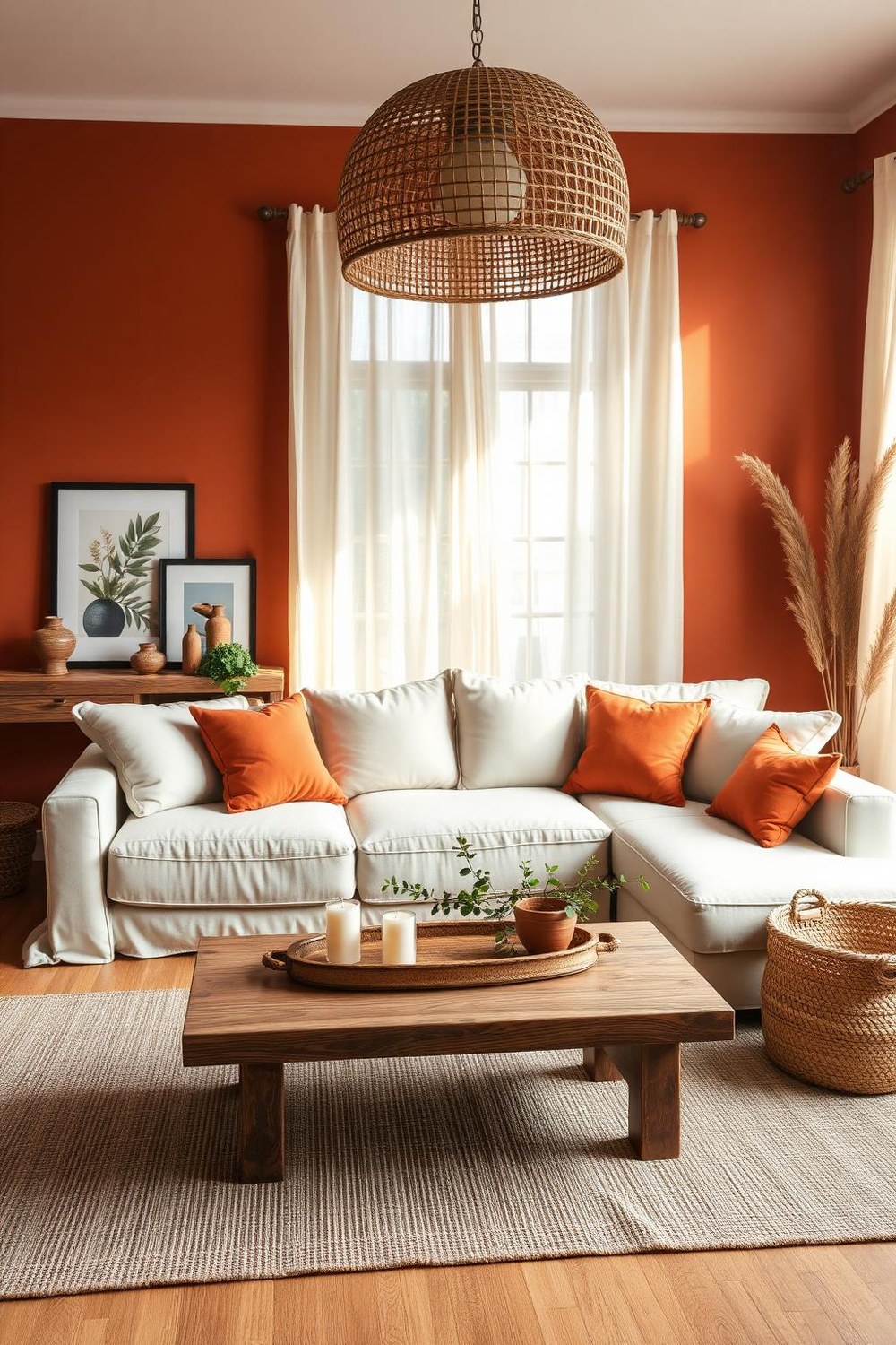 1. Terracotta Walls with Cream Sofa and Pampas Grass