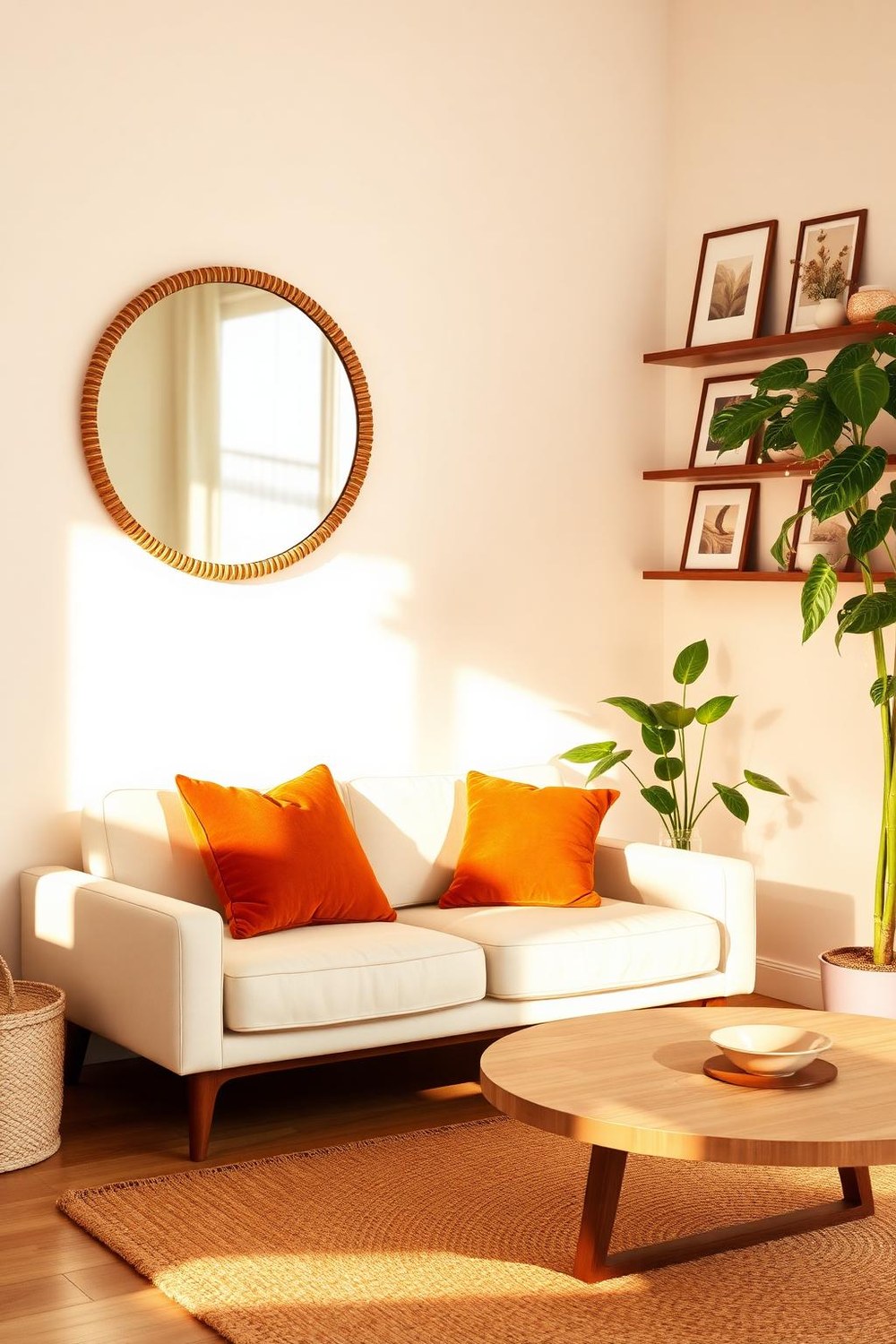3. Warm Neutrals with a Rattan Mirror and Floating Shelves