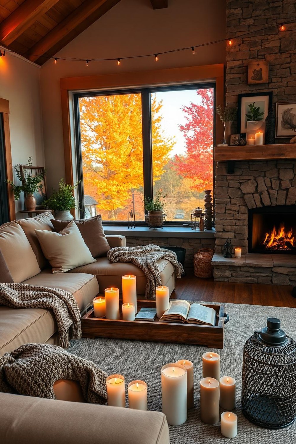 4. Autumn-Inspired Living Room with Fireplace and Candlelight
