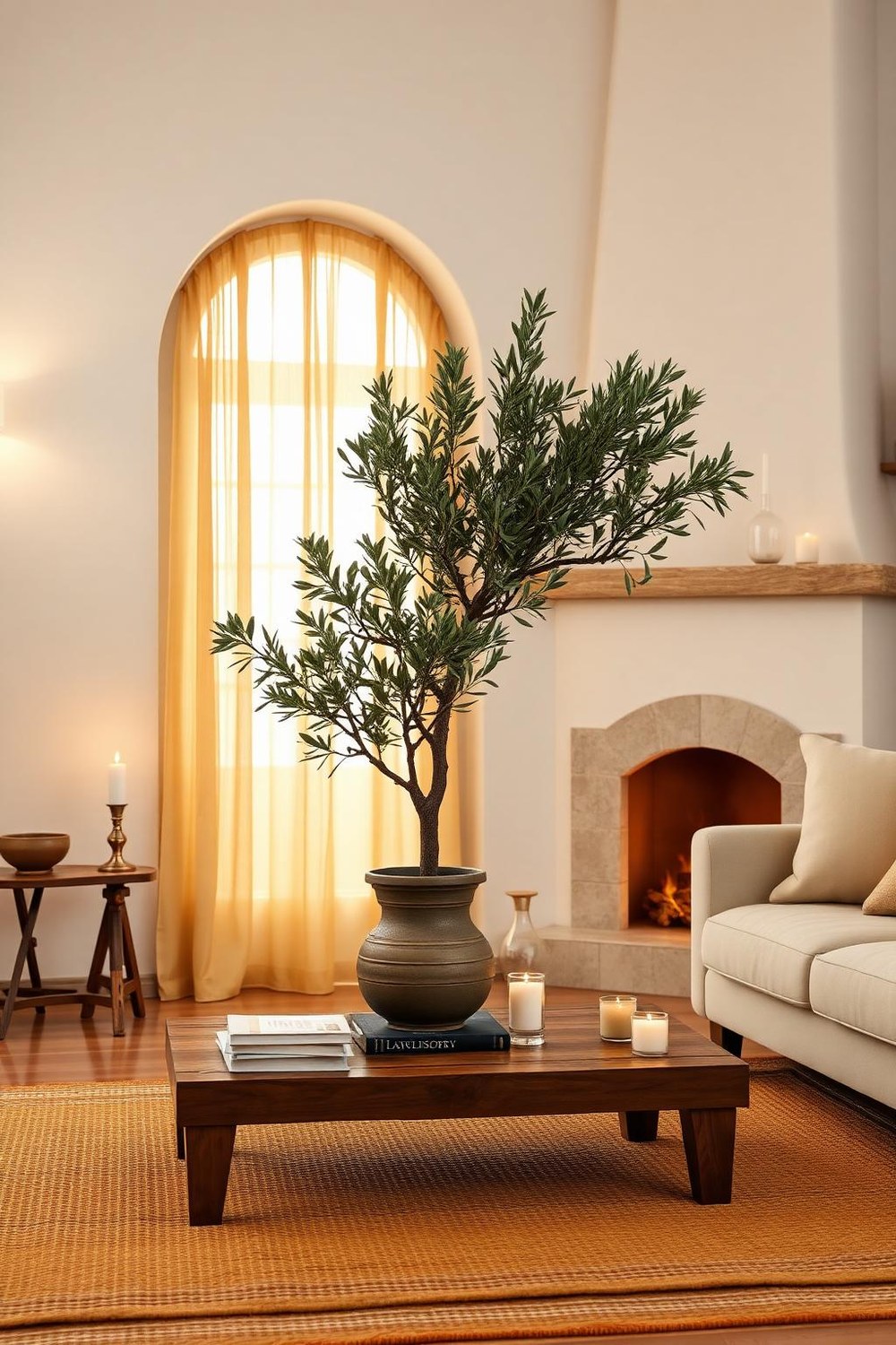 5. Neutral Earthy Living Room with Olive Tree and Knit Throw