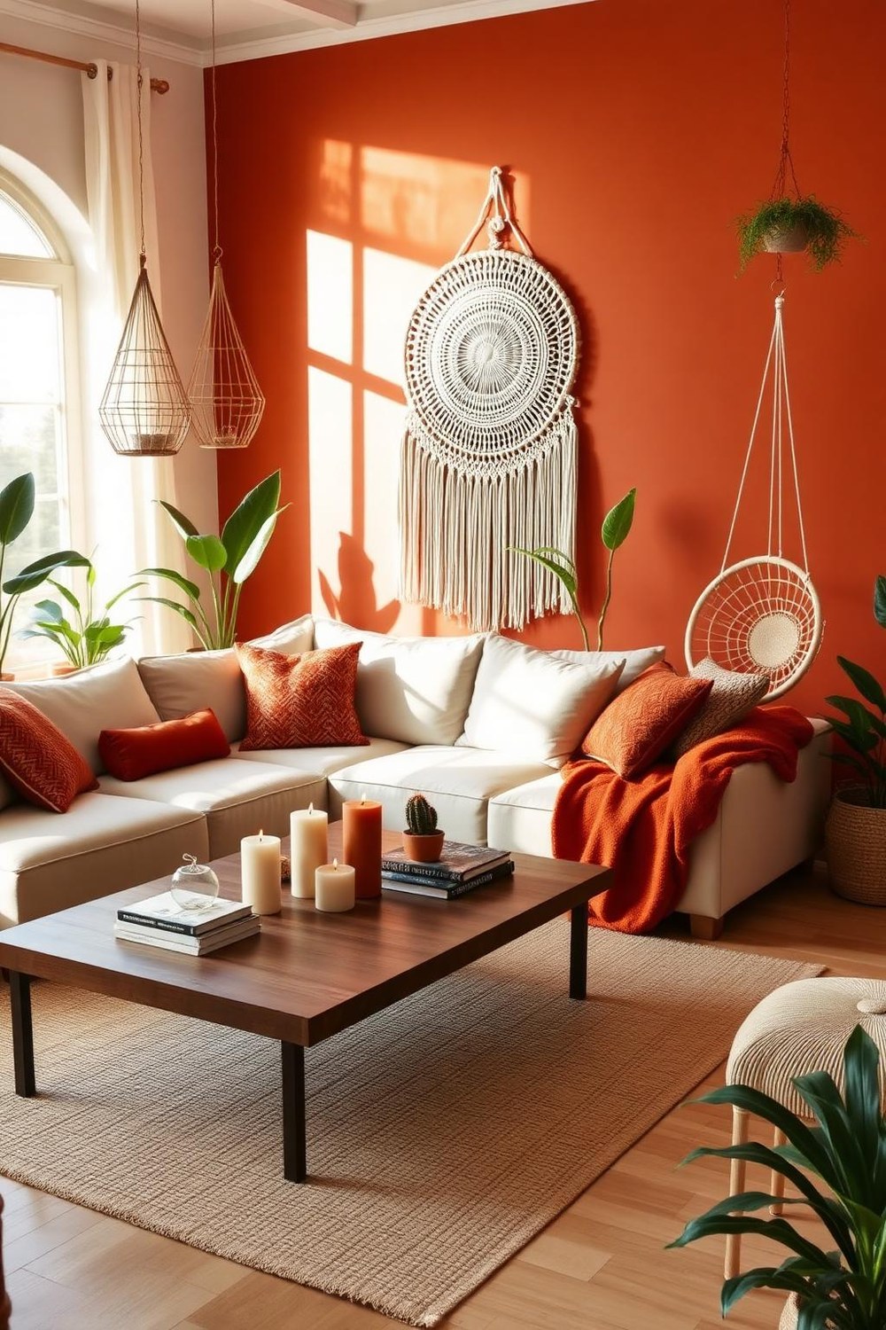 6. Boho Living Room with Terracotta Accent Wall and Candles