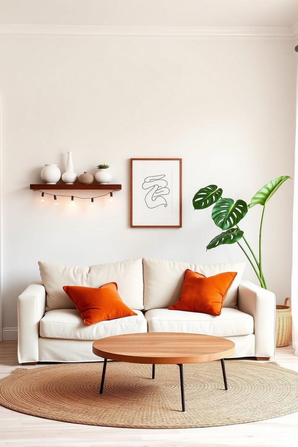 7. Scandi-Boho Hybrid with String Lights and Wood Shelves