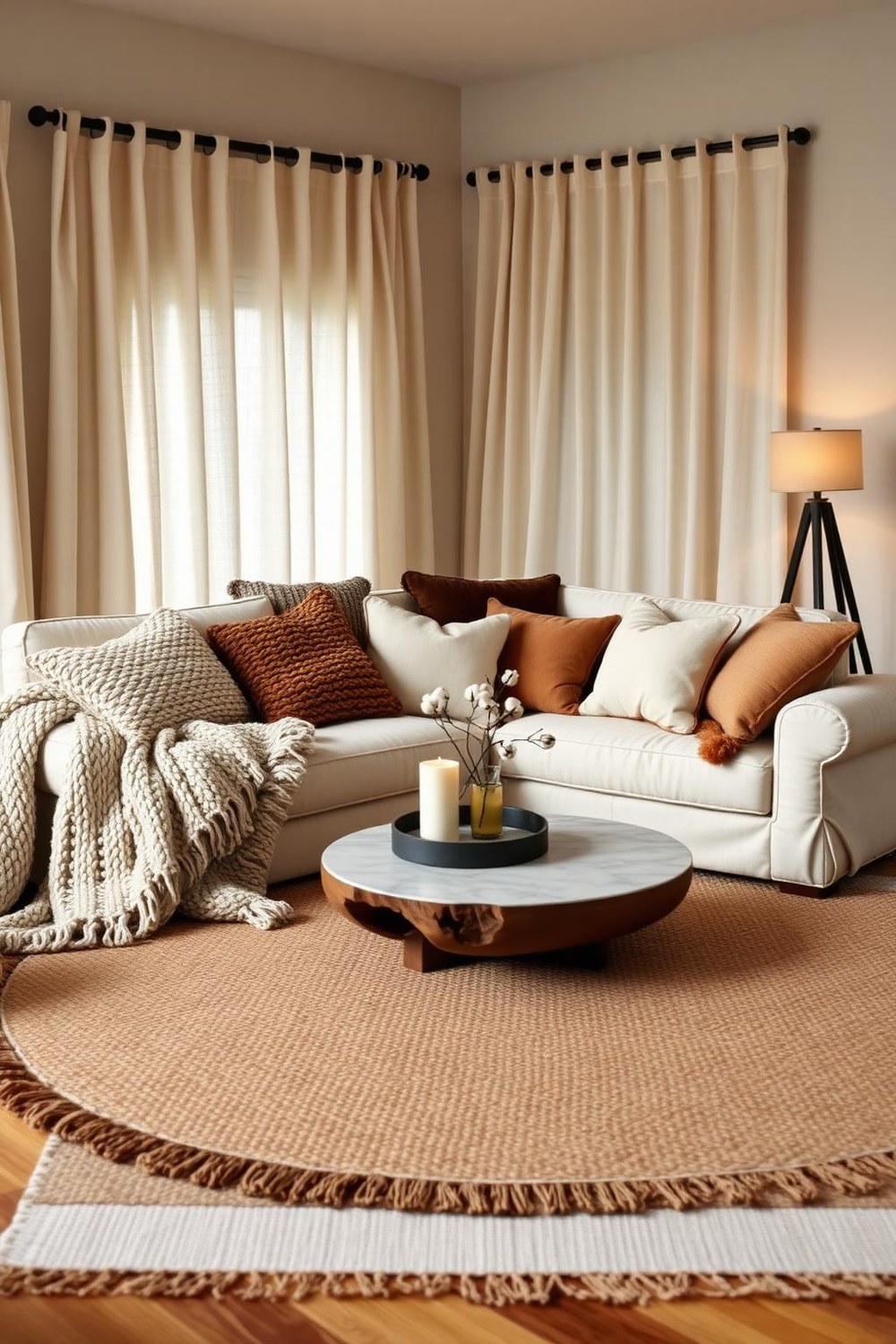 9. Warm Cream and Brown Palette with Layered Textiles