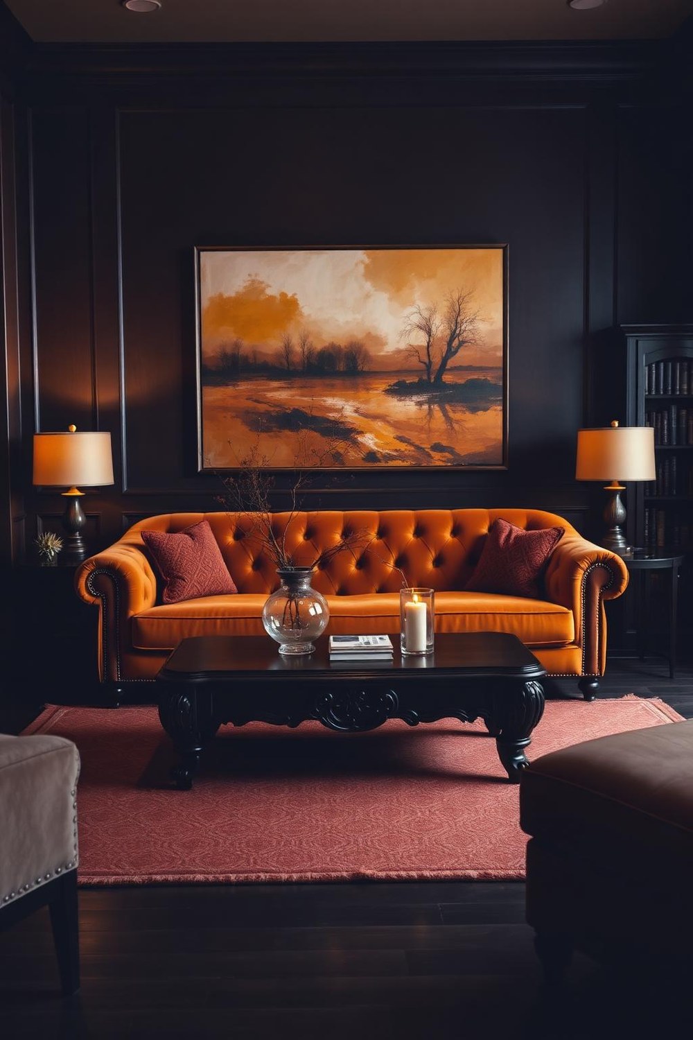 10. Moody Amber Living Room with Velvet Sofa