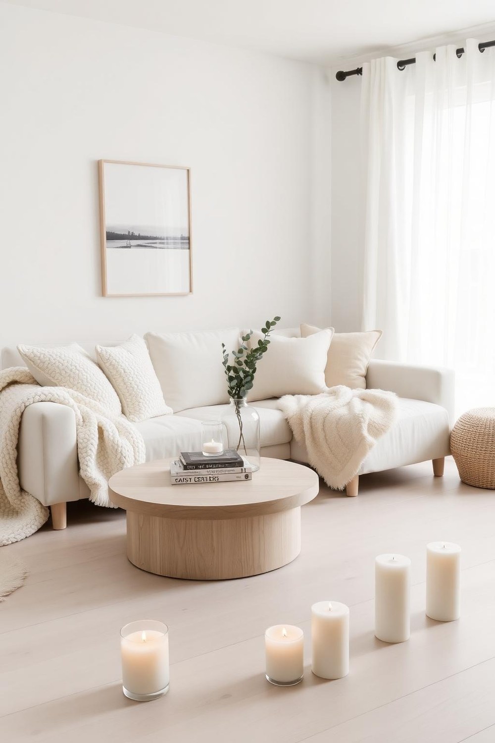 11. White Hygge Living Room with Sheepskin and Candles