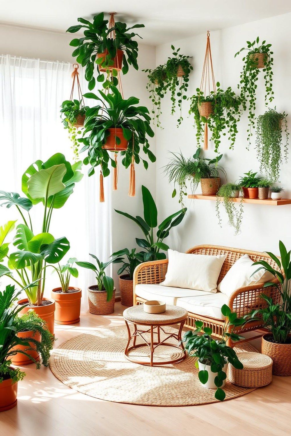12. Plant-Filled Living Room with Wicker Furniture
