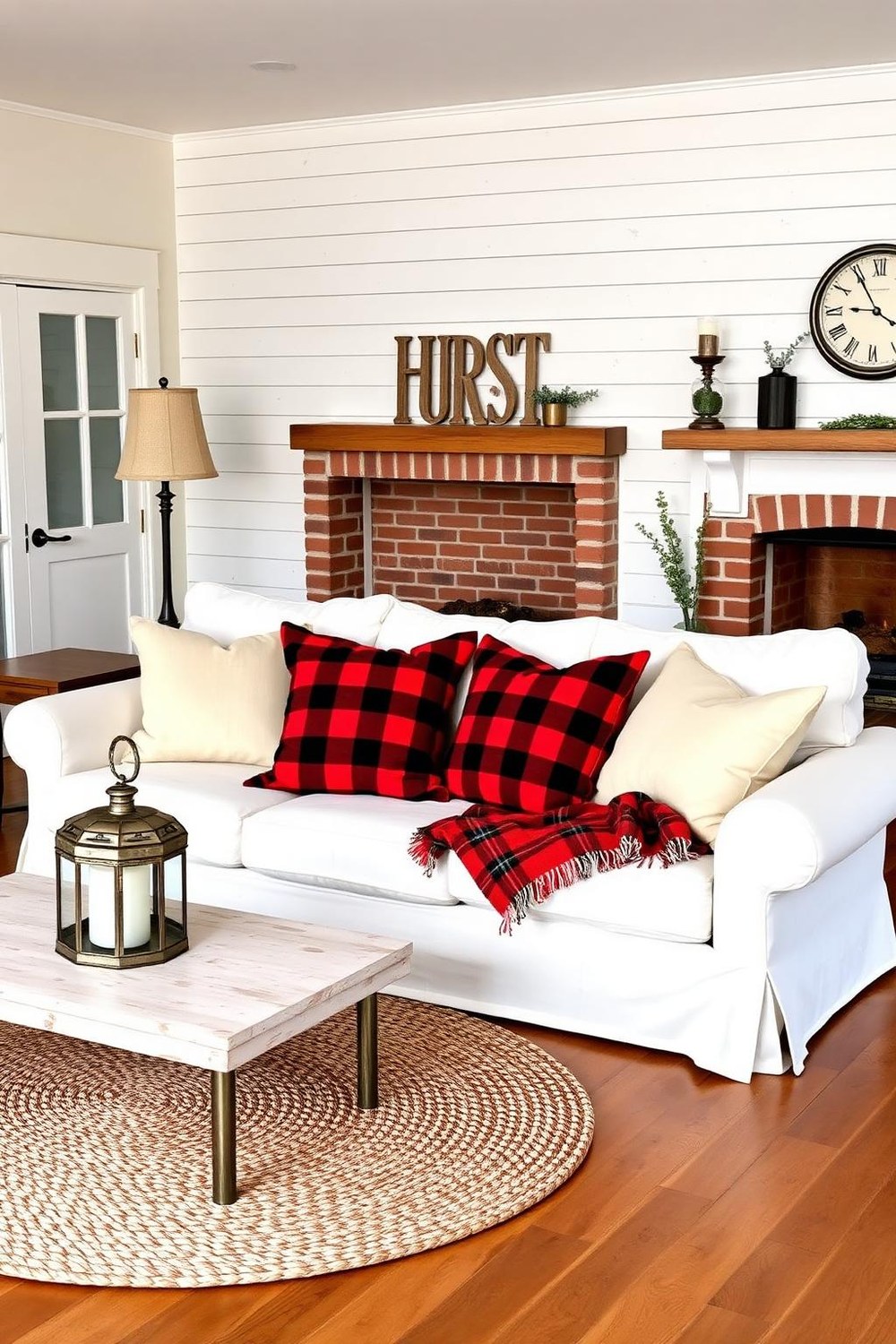 13. Rustic Farmhouse with Shiplap Wall and Plaid Throws