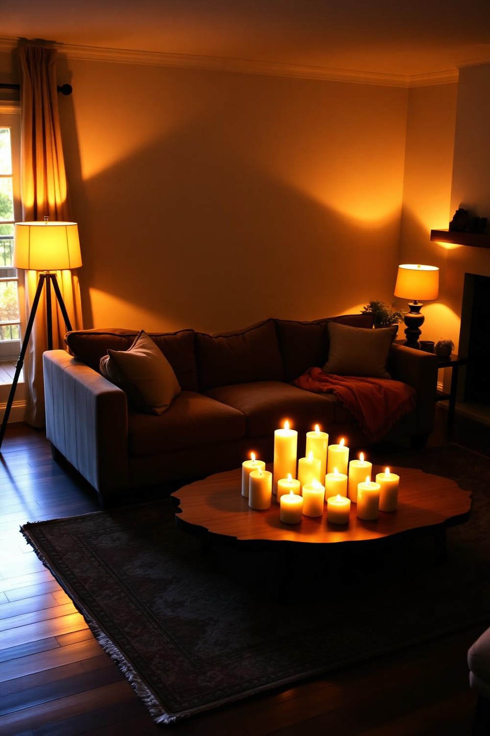14. Low-Light Evening Room with Floor Lamps and Candle Clusters