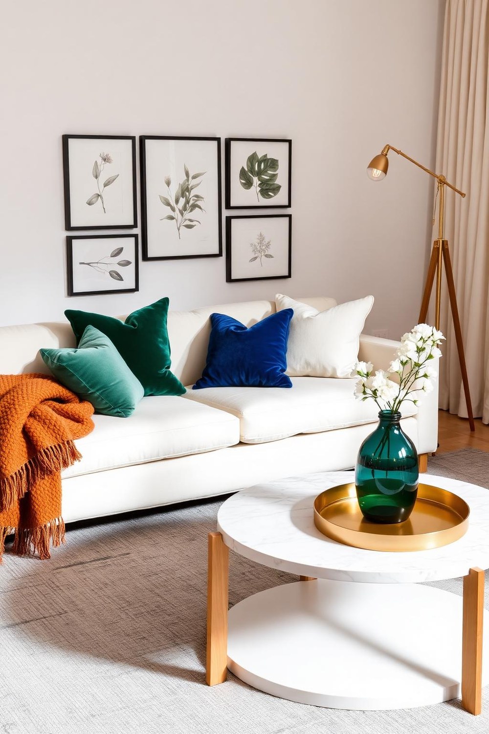 15. Jewel-Tone Accents in a Neutral Living Room