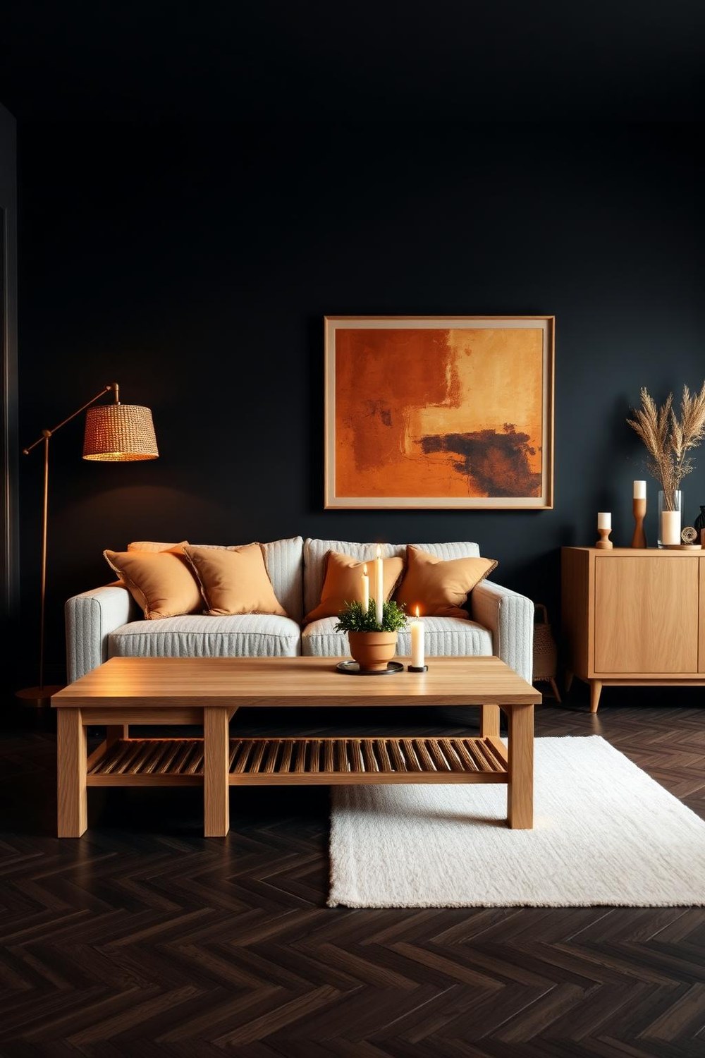 18. Dark Walls with Warm Wood Furniture