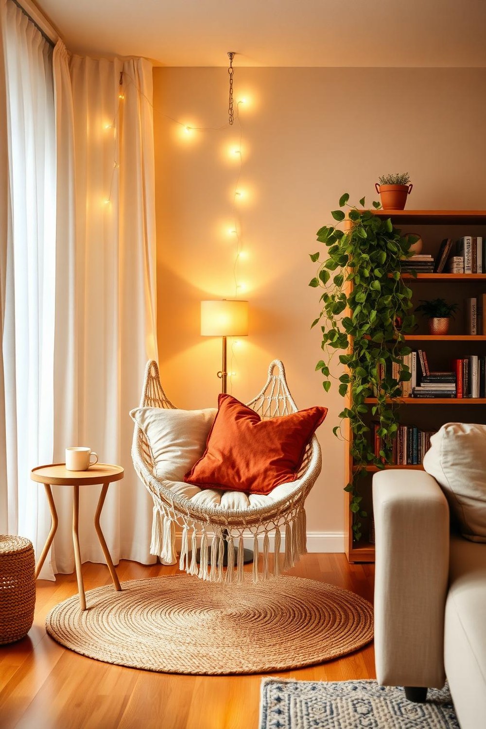 22. Cozy Corner with Hammock Chair and String Lights