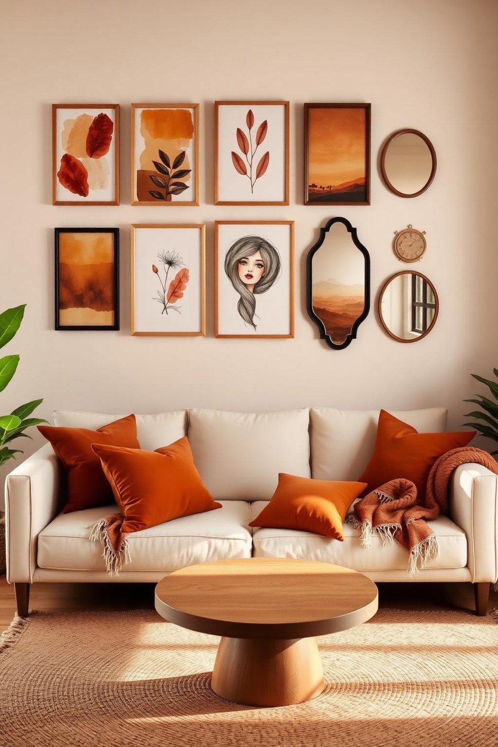 23. Earth-Tone Gallery Wall Above the Sofa