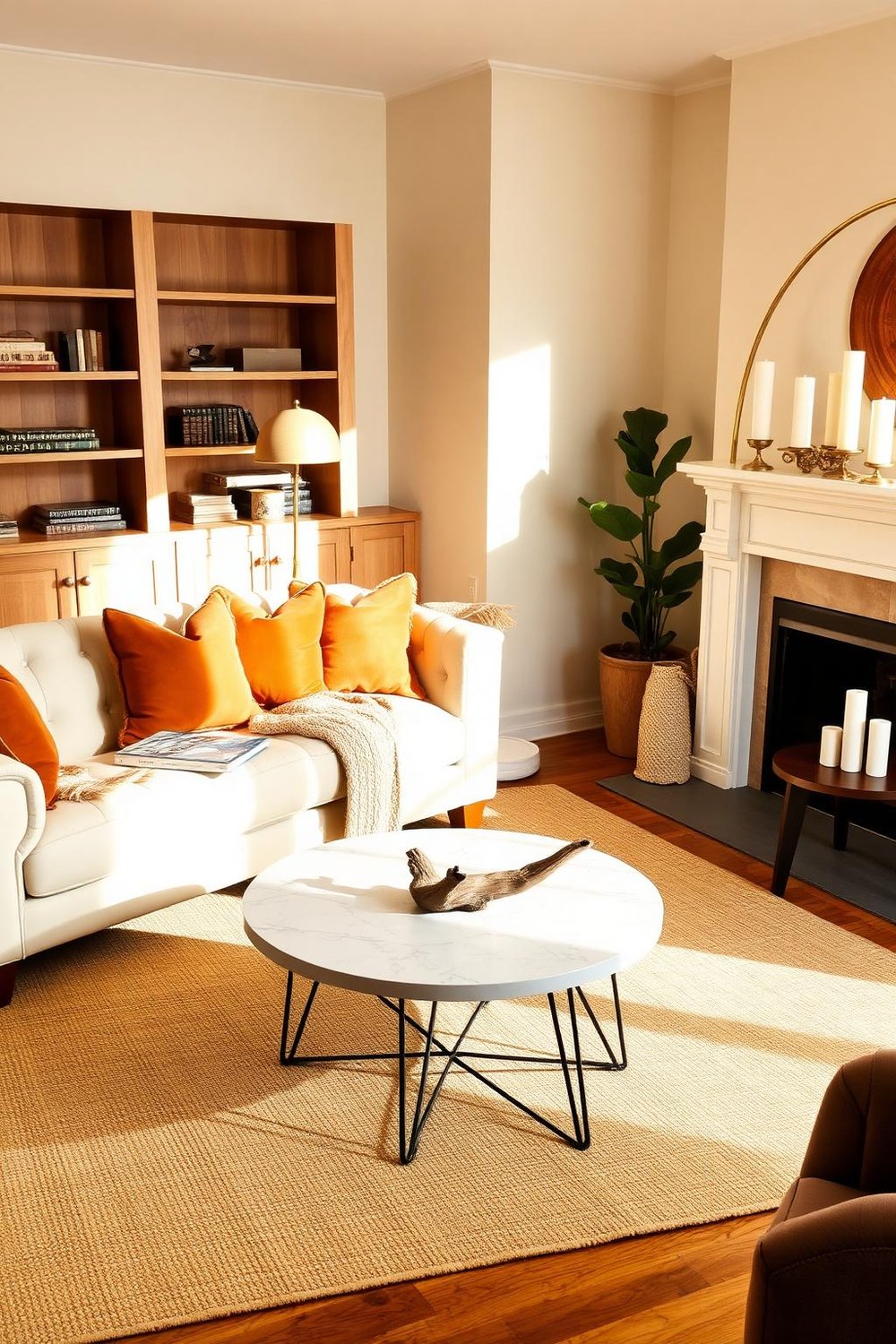 24. Warm Transitional Living Room with Mixed Wood Tones