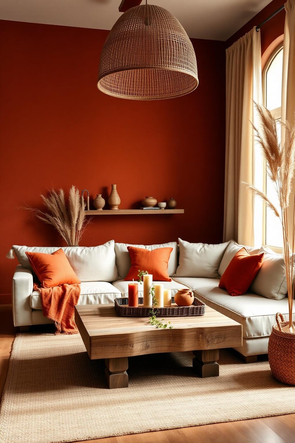 1. Terracotta Walls with Cream Sofa and Pampas Grass