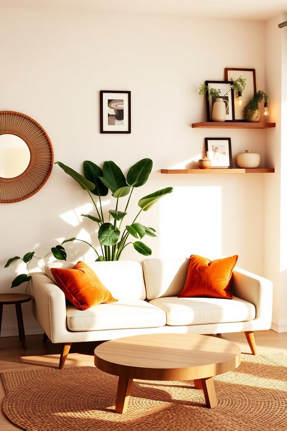 3. Rattan Mirror and Floating Shelves on Warm Neutral Walls