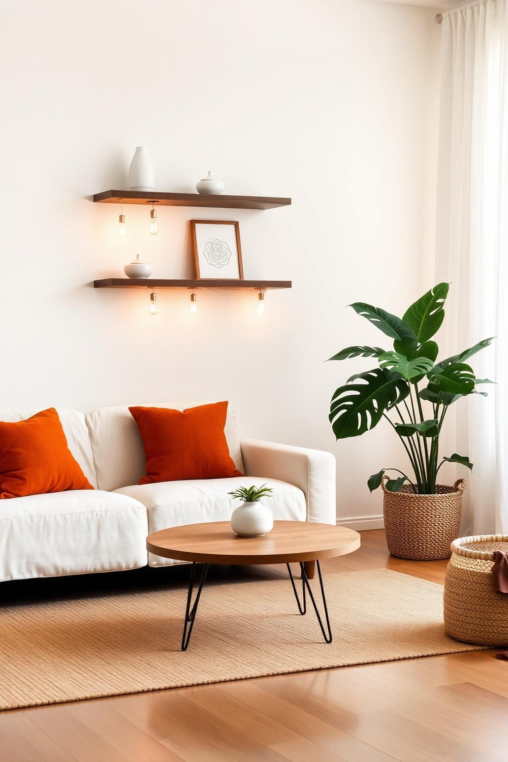 7. Scandi-Boho Hybrid with Walnut Shelves and String Lights