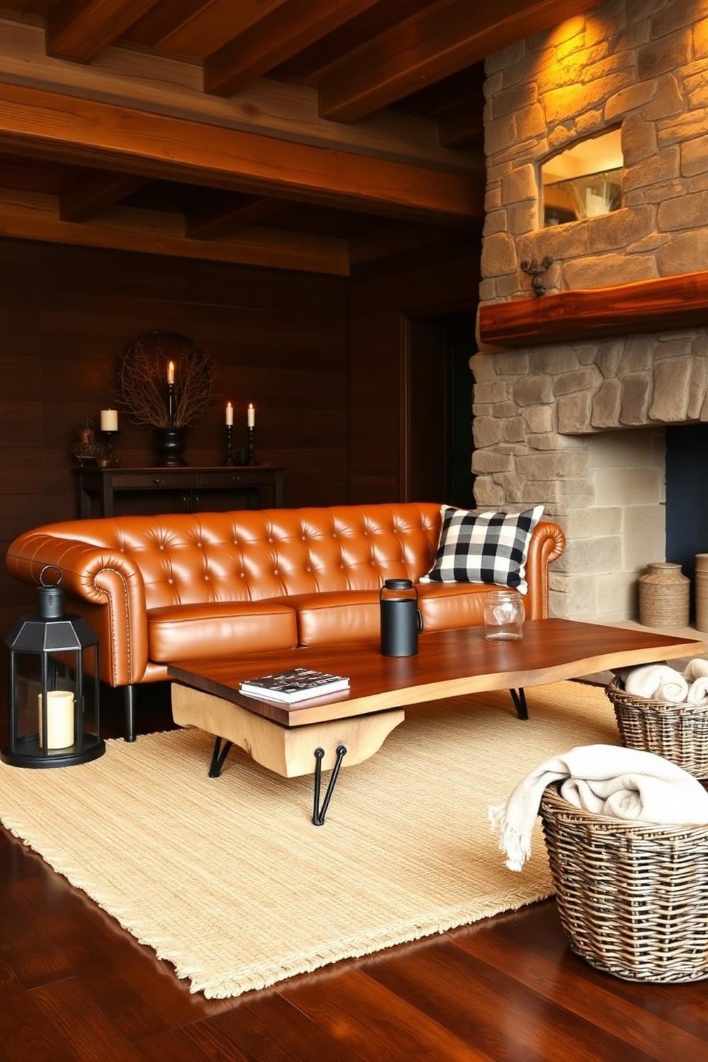 8. Rustic Living Room with Lanterns and Jute Rug