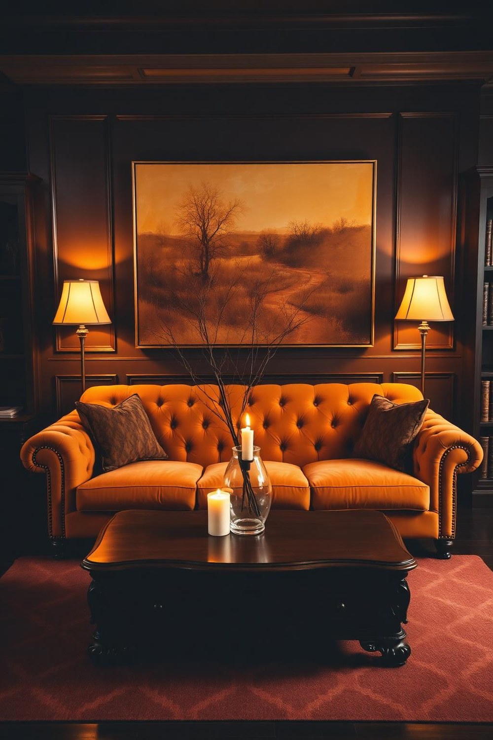 10. Moody Amber Velvet Sofa Living Room