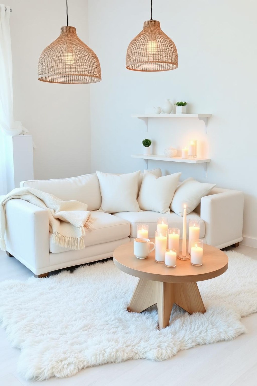 11. White Hygge Room with Sheepskin and Pillar Candles