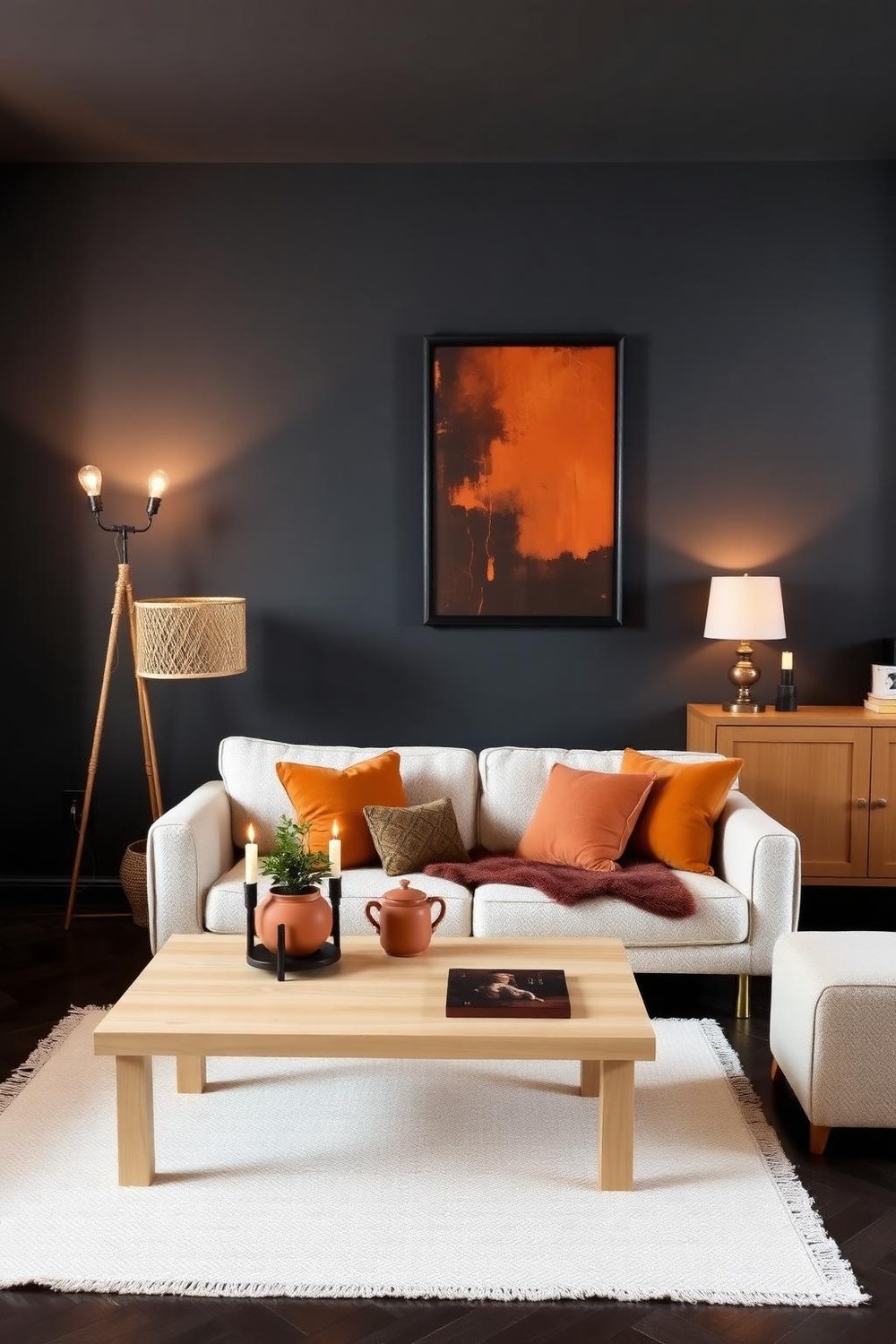 18. Dark Charcoal Walls with Warm Wood Furniture