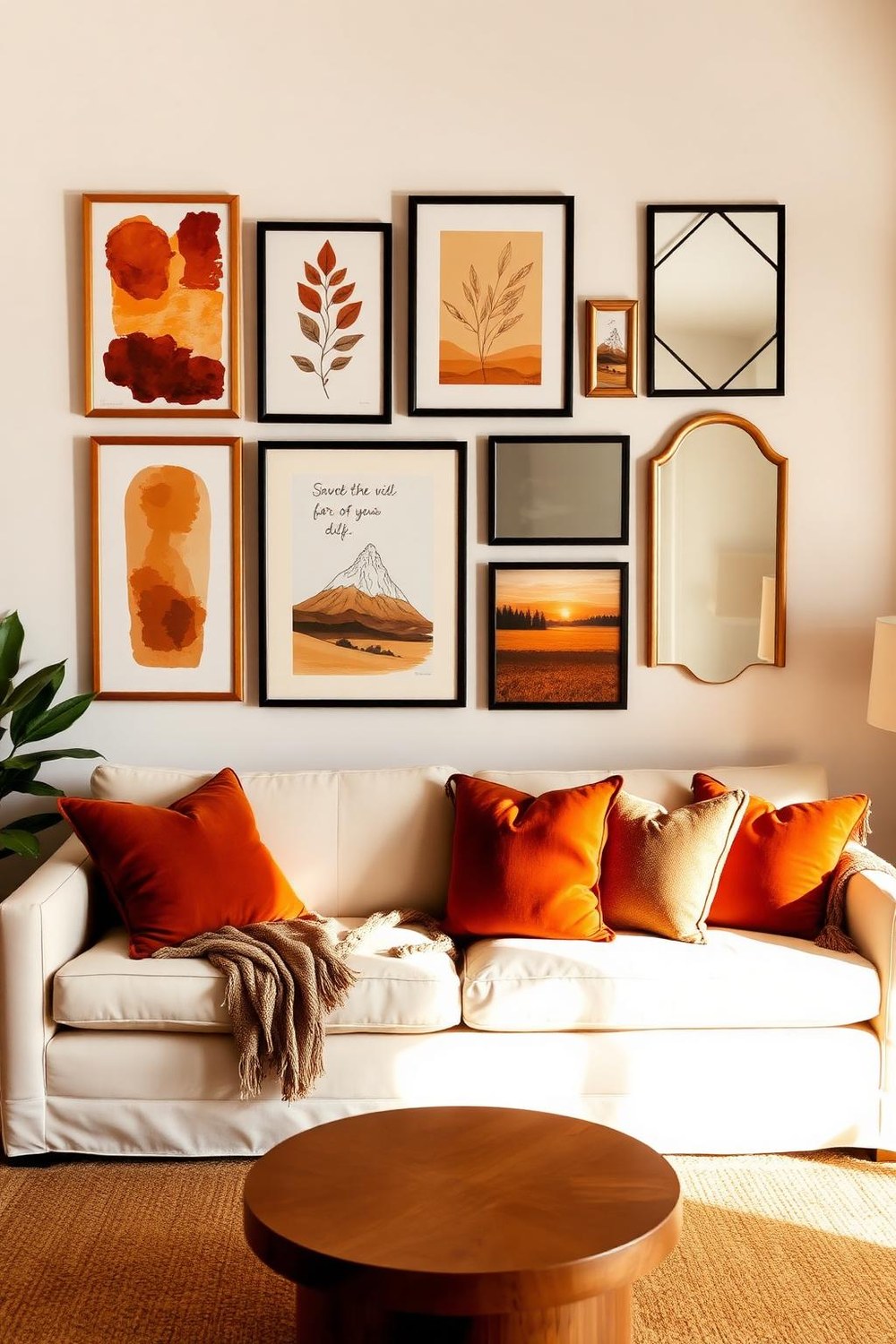 23. Earth-Tone Gallery Wall Above the Sofa