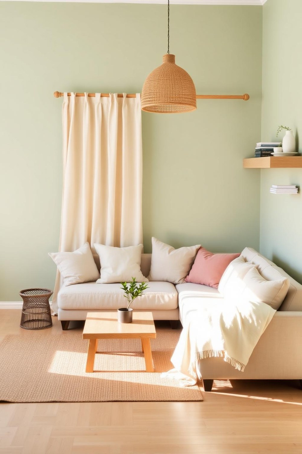 25. Sage Green Walls with Natural Linen and Wood