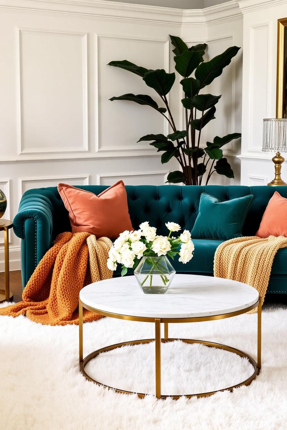 26. Velvet Sofa with Layered Throw Pillows in Jewel Tones