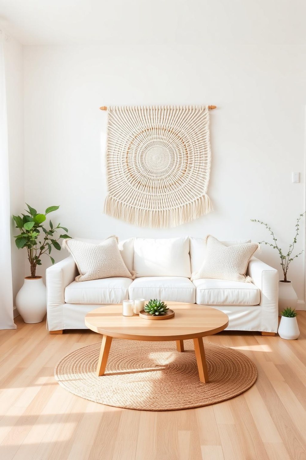 28. Warm White Living Room with Woven Wall Art