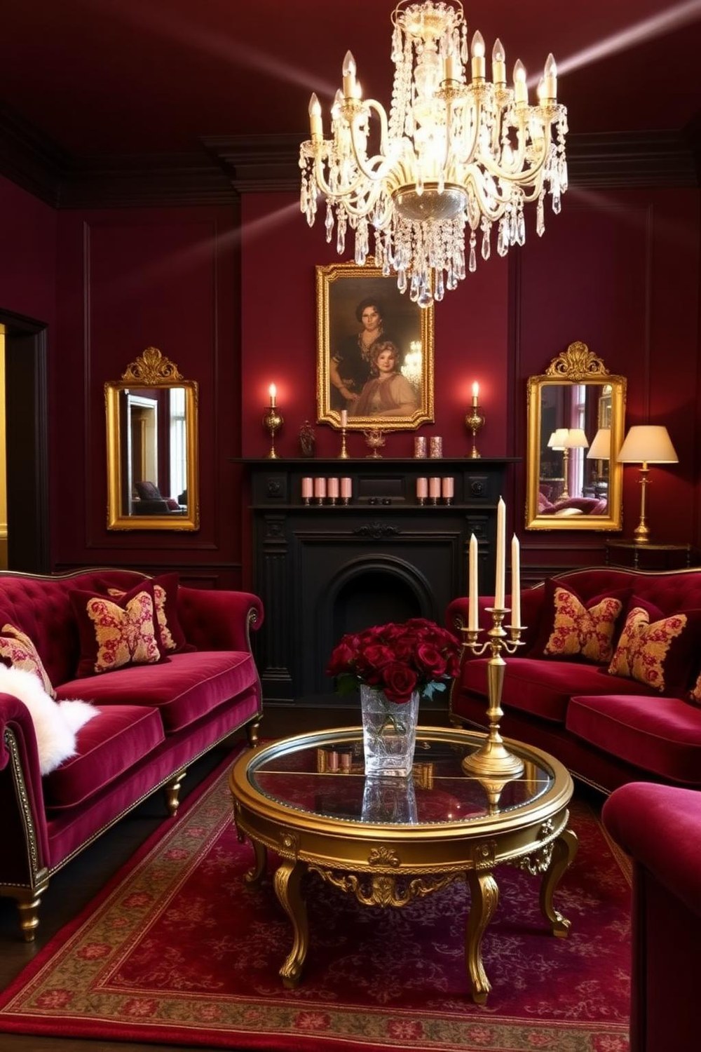 29. Burgundy and Gold Living Room for Evening Entertaining