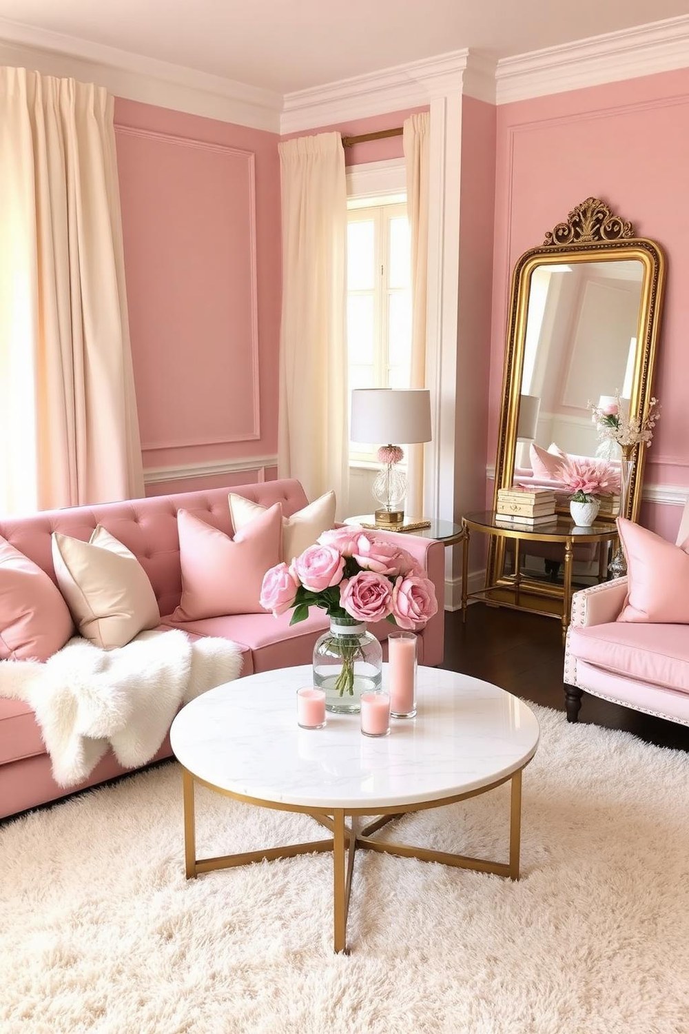 32. Blush Pink and Cream Romantic Living Room