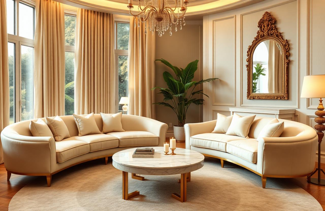 4. Curved Sofa with Gold Coffee Table