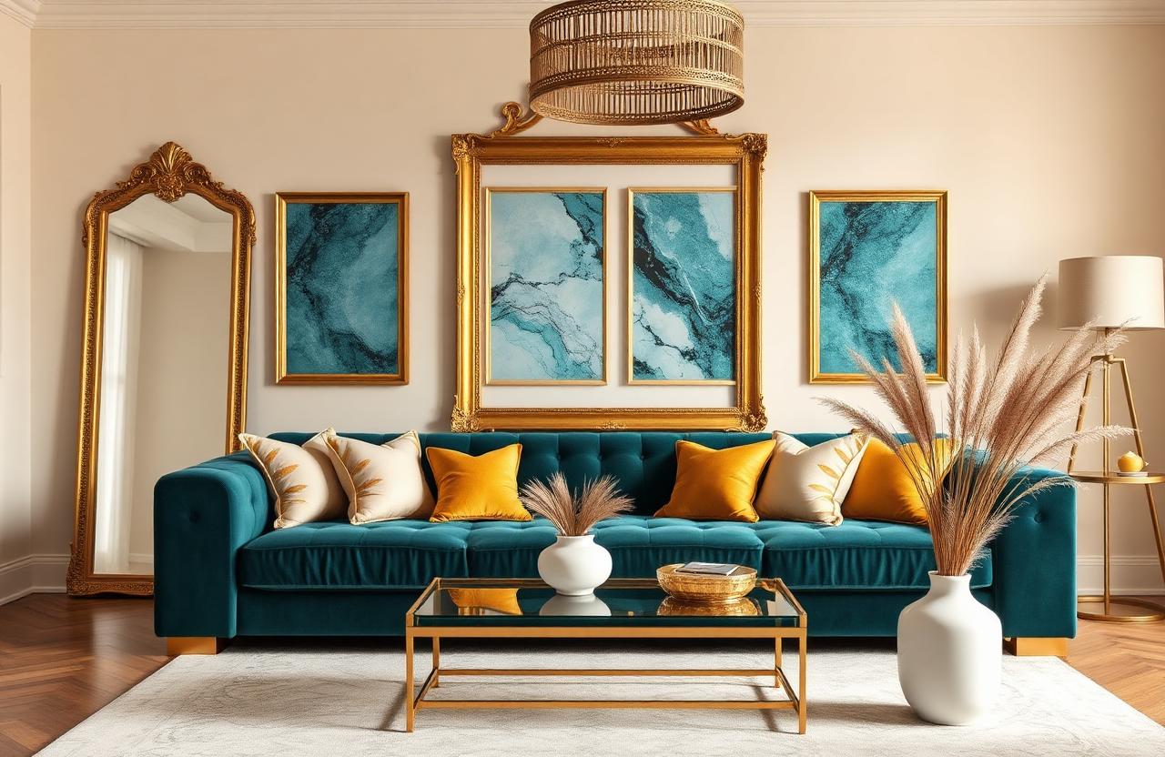 7. Modern Glam Gold and Teal Living Room