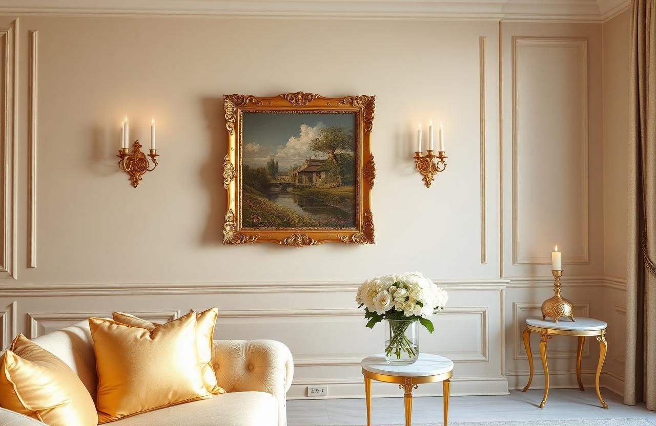 9. Gold Sconce and Art Wall Living Room