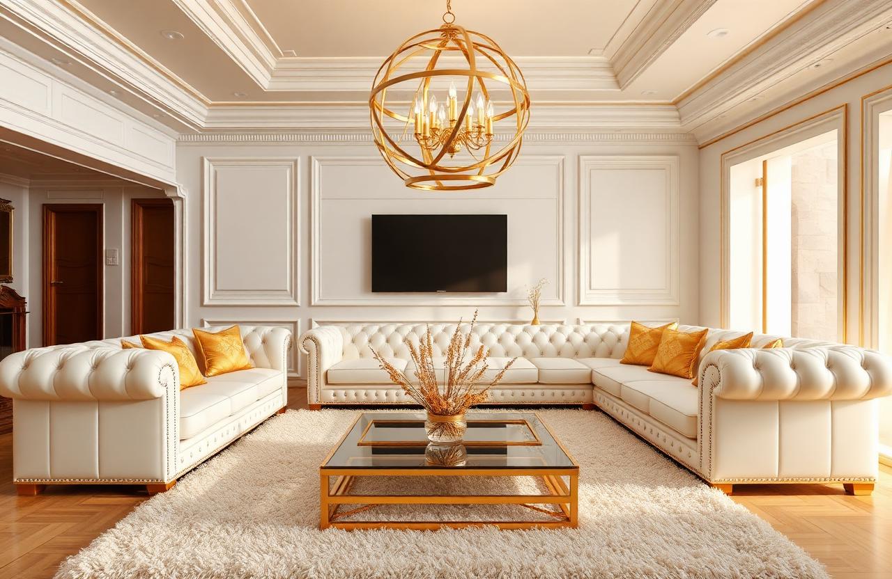 10. All-White Tufted Sofa with Gold Accents