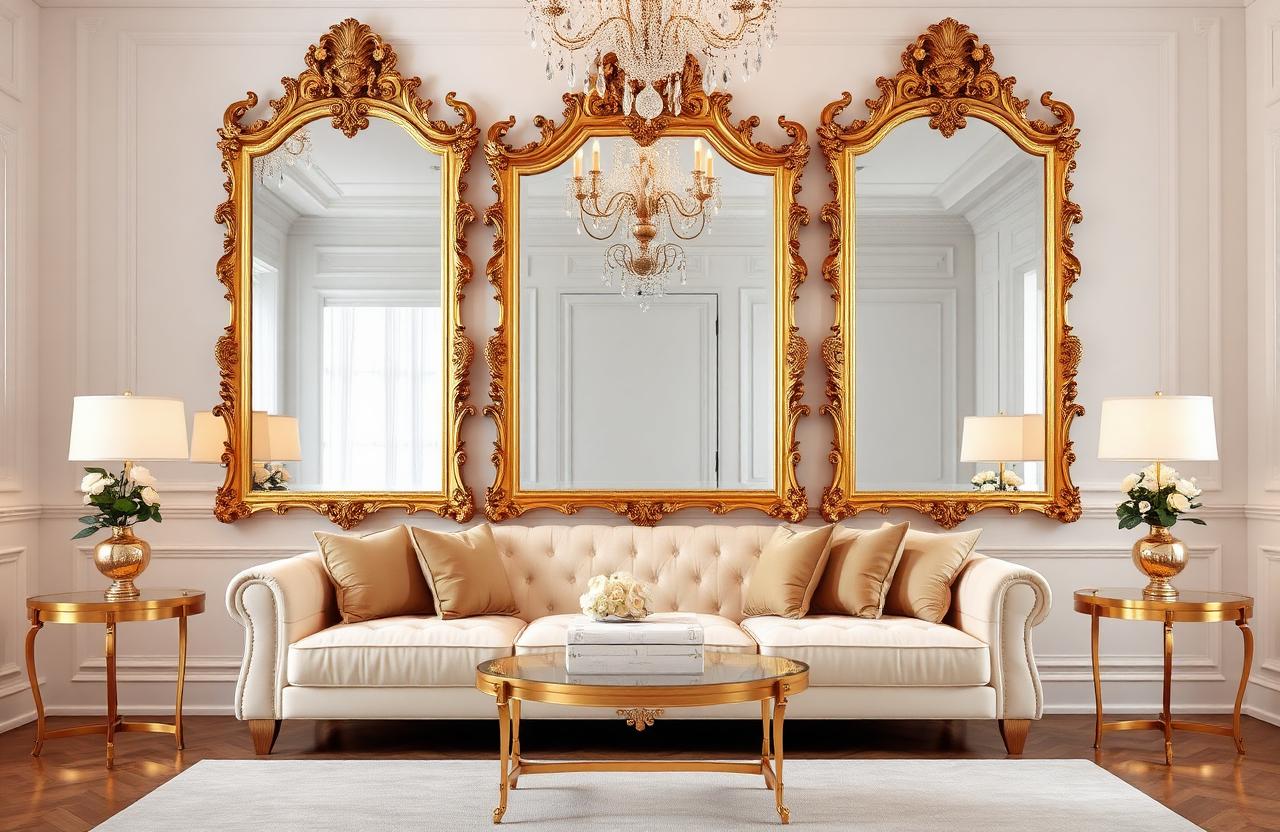 13. Gold Living Room with Baroque Mirror Wall