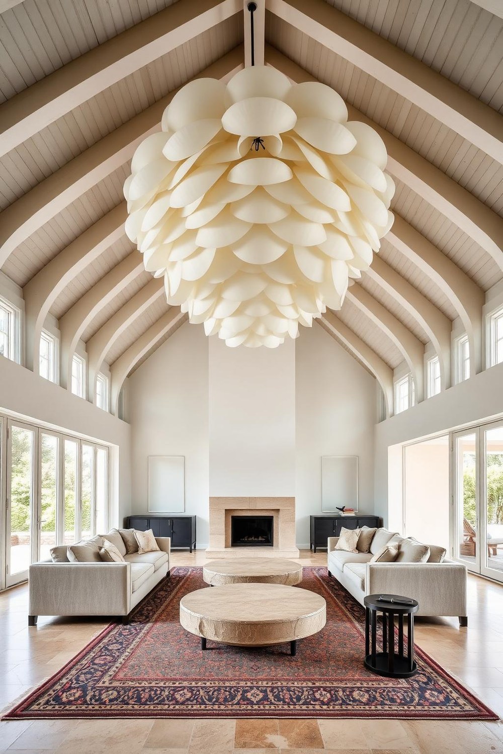 10. Double-Height Ceiling Living Room with Statement Lighting