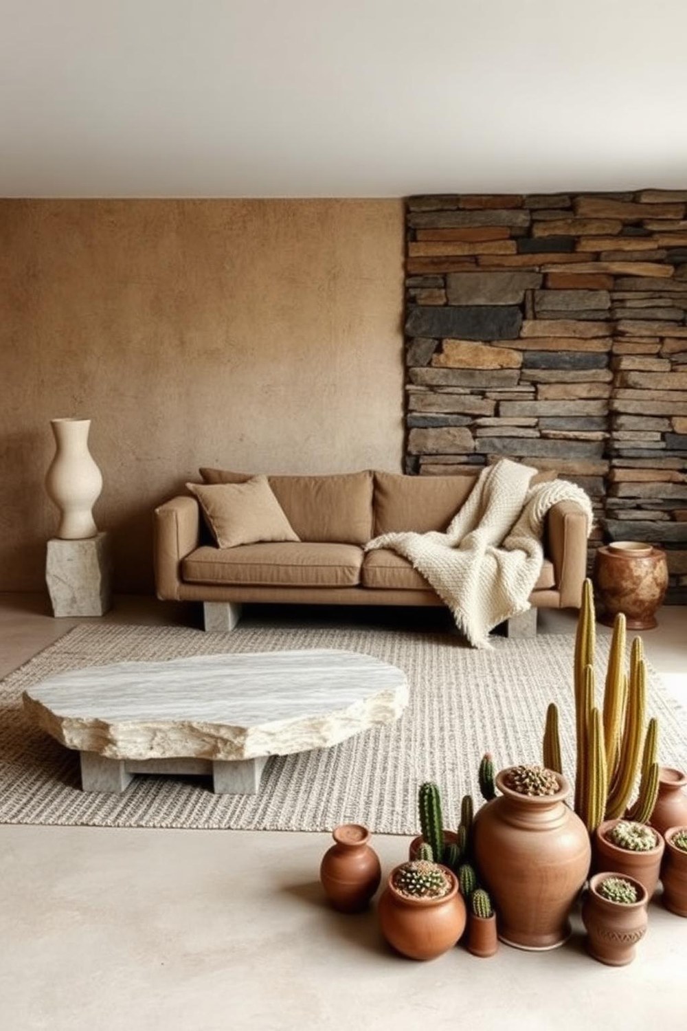 11. Earthy Organic Living Room with Raw Clay and Stone Textures